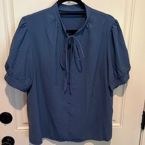 Blue Button-Up Blouse with Tie Neck